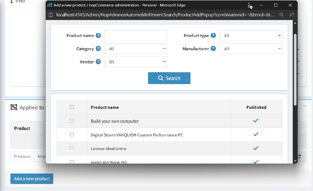 automobile spare parts & fitment plugin add new products popup window